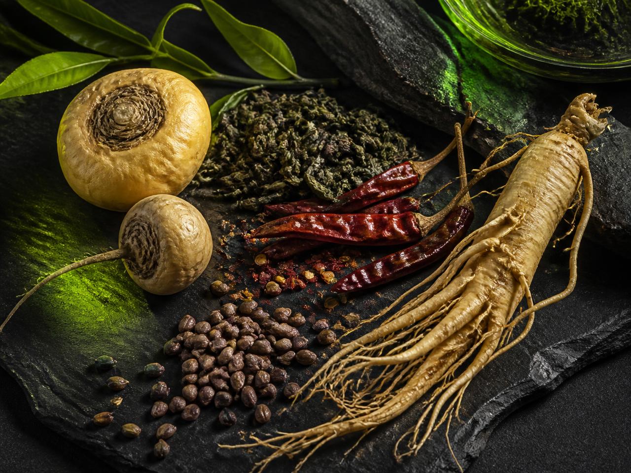 Maca root, green tea, cayenne and ginseng on dark slate